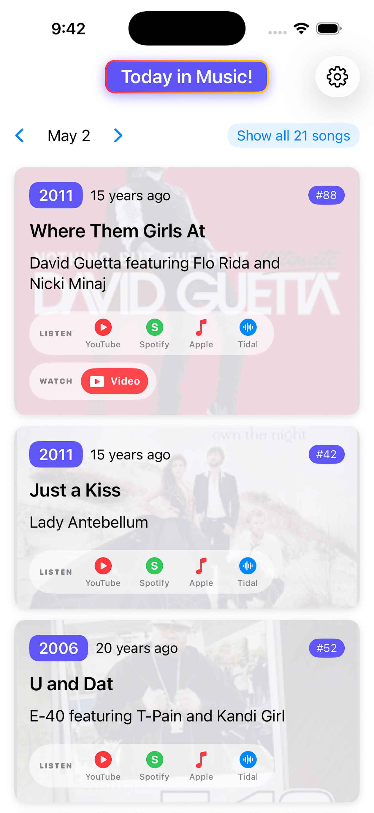 Today in Music! app home screen