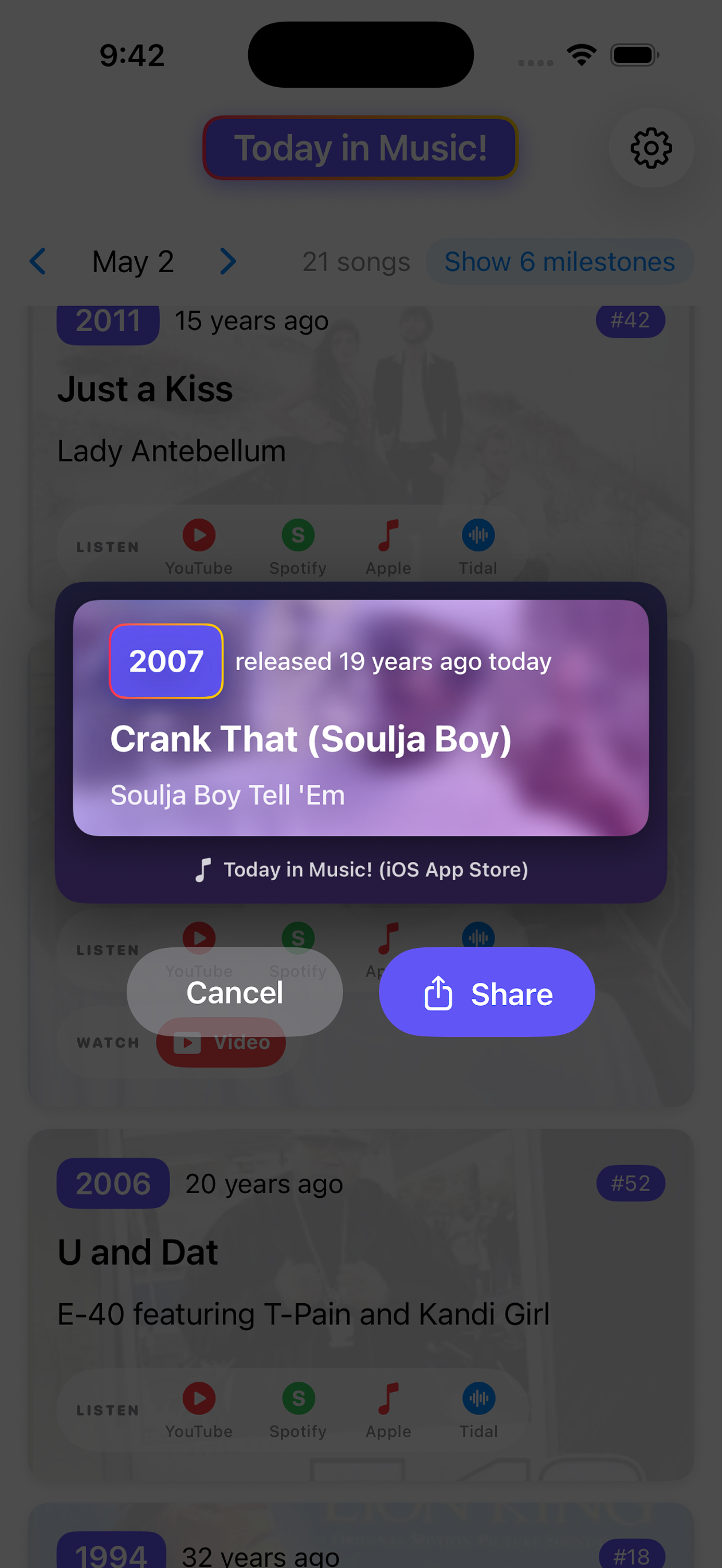 Today in Music! app streaming options screen